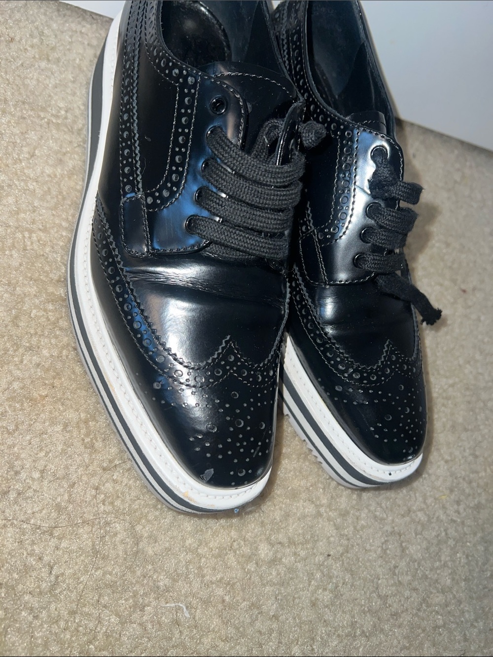 Prada Black Patent Leather Wingtip Oxfords with White Sole - Picture 3 of 4